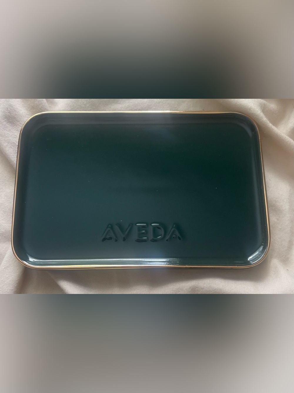 Aveda Forest Green Gold Trim Soap Dish Trinket Tray Bathroom Change Key Holder